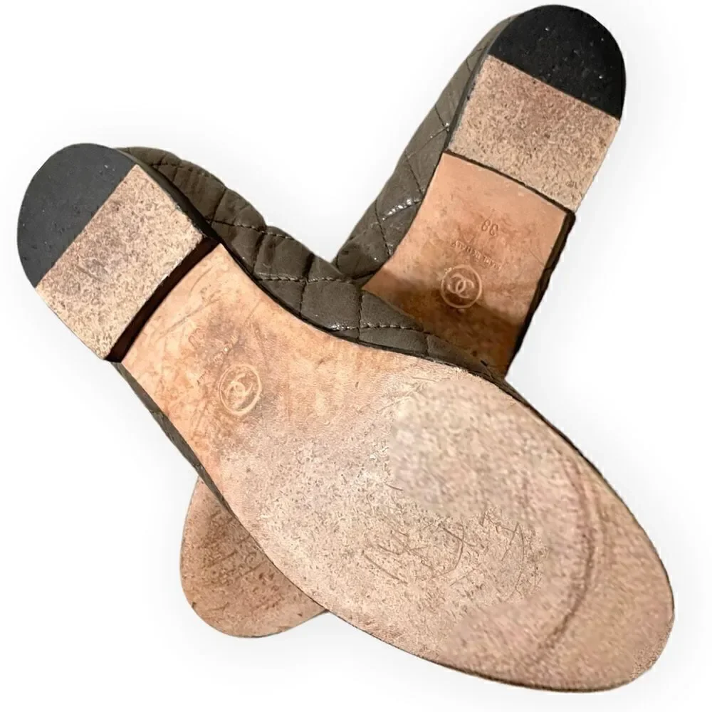 CHANEL Crumpled Calfskin/Patent Quilted CC Cap Toe Ballerina Flats |Size:38|